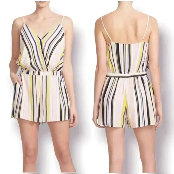 1 State Women's Medium Striped Spaghetti Strap Shorts Romper Pockets Pink Yellow - Picture 1 of 7